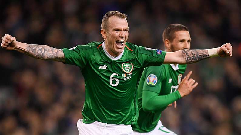 26 March 2019; Glenn Whelan celebrates after his Republic of Ireland team-mate Conor Hourihane, right, scored their goal during the UEFA EURO2020 Group D qualifying match between Republic of Ireland and Georgia at the Aviva Stadium, Lansdowne Road in Dublin. Photo by Stephen McCarthy/Sportsfile