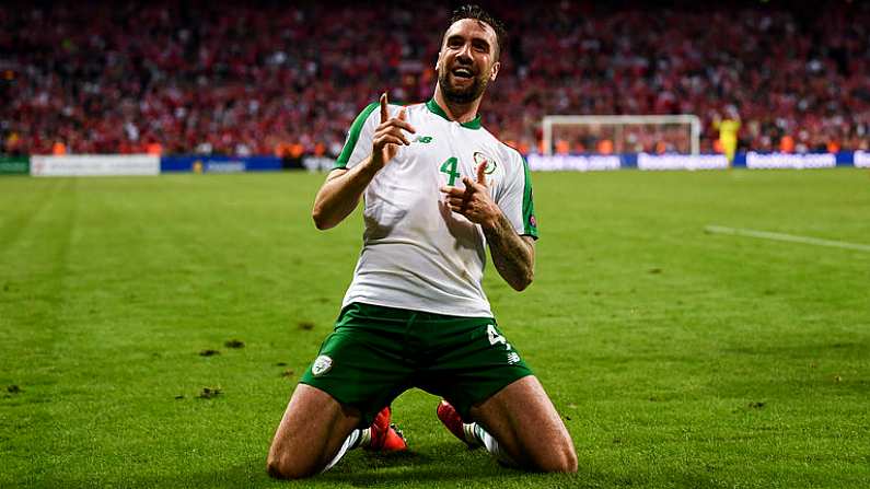 7 June 2019; Shane Duffy of Republic of Ireland celebrates after scoring his side's first goal during the UEFA EURO2020 Qualifier Group D match between Denmark and Republic of Ireland at Telia Parken in Copenhagen, Denmark. Photo by Stephen McCarthy/Sportsfile