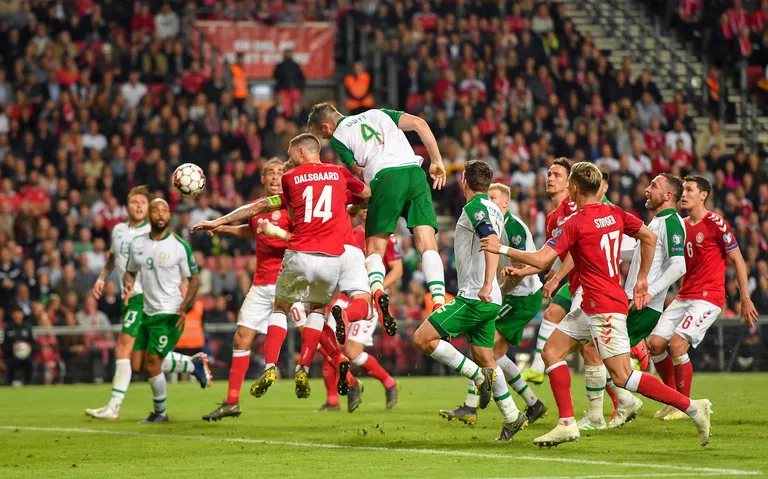 Shane Duffy scores against Denmark in a Euro 2020 Qualifier