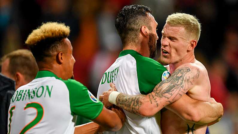 7 June 2019; James McClean, right, and Shane Duffy, centre, of Republic of Ireland following the UEFA EURO2020 Qualifier Group D match between Denmark and Republic of Ireland at Telia Parken in Copenhagen, Denmark. Photo by Seb Daly/Sportsfile