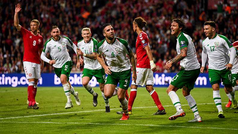 7 June 2019; Shane Duffy of Republic of Ireland celebrates after scoring his side's goal during the UEFA EURO2020 Qualifier Group D match between Denmark and Republic of Ireland at Telia Parken in Copenhagen, Denmark. Photo by Stephen McCarthy/Sportsfile