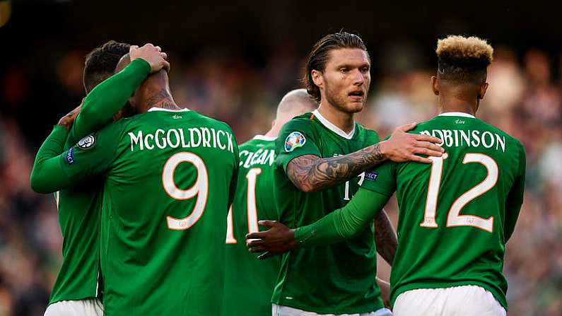 10 June 2019; David McGoldrick, 9, of Republic of Ireland celebrates with team-mates, including Jeff Hendrick and Callum Robinson after his shot was deflected in by Joseph Chipolina of Gibraltar to score his side's first goal during the UEFA EURO2020 Qualifier Group D match between Republic of Ireland and Gibraltar at the Aviva Stadium, Lansdowne Road in Dublin. Photo by Stephen McCarthy/Sportsfile