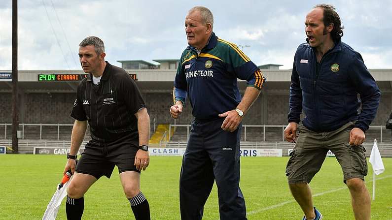 15 June 2019; Offaly manager Joachim Kelly, selector Ger Oakley and linesman Liam Gordon look on during the second half of the Joe McDonagh Cup Round 5 match between Kerry and Offaly at Austin Stack Park, Tralee in Kerry. Photo by Brendan Moran/Sportsfile