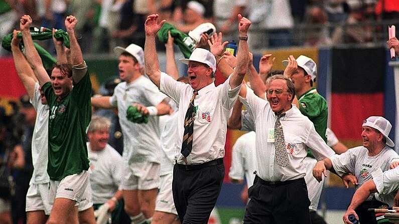 Former Rep of Ireland Manager Jack Charlton celebrates after victory over Italy in Giants Stadium,
New York, during the 1994 World Cup Finals. Soccer. Pic Ray McManus/SPORTSFILE.