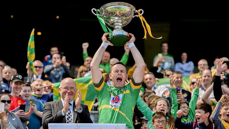 22 June 2019; Leitrim captain Declan Molloy celebrates with the cup after the Lory Meagher Cup Final match between Leitrim and Lancashire at Croke Park in Dublin.  Photo by Matt Browne/Sportsfile