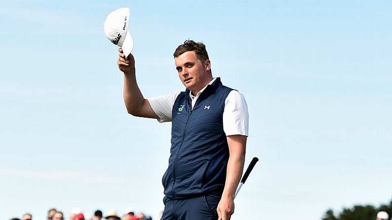 22 June 2019; James Sugrue of Mallow Golf Club, Co. Cork, celebrates on the 18th green after putting to win the R&A Amateur Championship at Portmarnock Golf Club in Dublin. Photo by Sam Barnes/Sportsfile