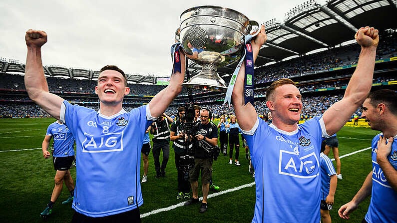 2 September 2018; Brian Fenton, left, and Ciaran Kilkenny of Dublin celebrate with the Sam Maguire following the GAA Football All-Ireland Senior Championship Final match between Dublin and Tyrone at Croke Park in Dublin. Photo by Stephen McCarthy/Sportsfile