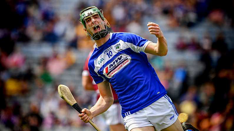 30 June 2019; Aaron Dunphy of Laois celebrates scoring the second goal, in the 18th minute, of the Joe McDonagh Cup Final match between Laois and Westmeath at Croke Park in Dublin. Photo by Ray McManus/Sportsfile