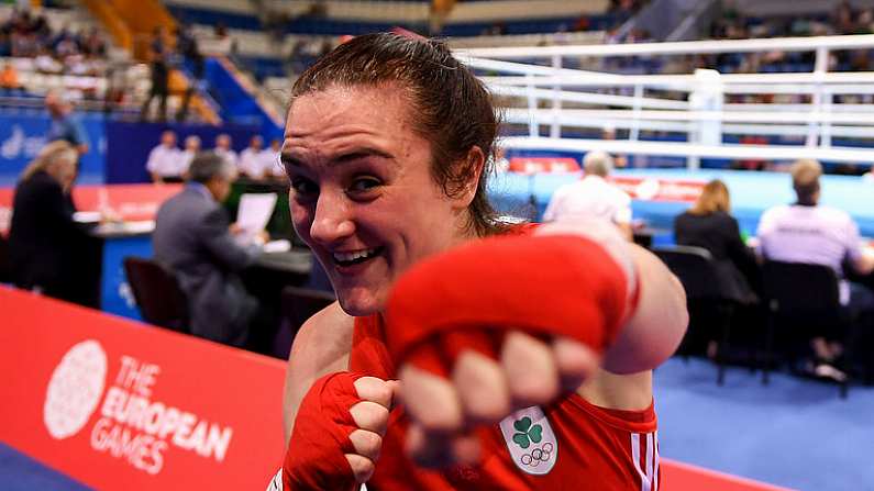 28 June 2019; Kellie Harrington of Ireland celebrates following victory during her Women's Lightweight semi-final bout against Agnes Alexiusson of Sweden at Minsk Arena Velodrome on Day 8 of the Minsk 2019 2nd European Games in Minsk, Belarus. Photo by Seb Daly/Sportsfile