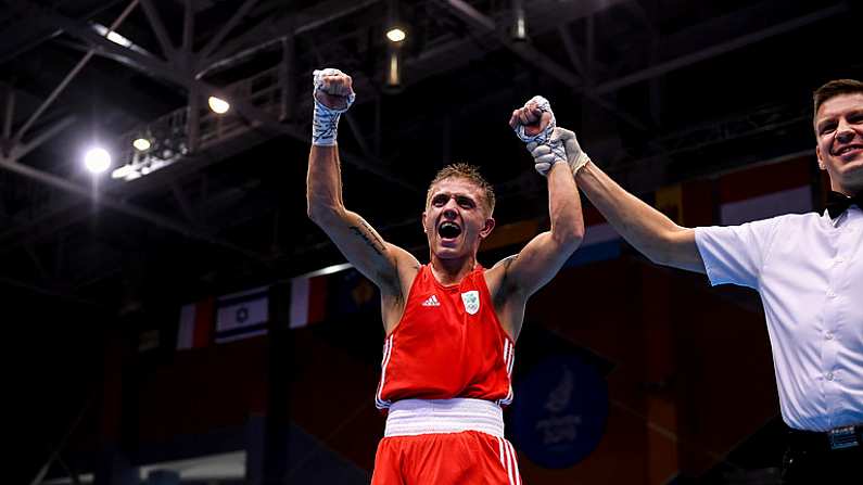 30 June 2019; Kurt Walker of Ireland in action against Mykola Butsenko of Ukraine during their Mens Bantamweight final bout at Uruchie Sports Palace on Day 10 of the Minsk 2019 2nd European Games in Minsk, Belarus. Photo by Seb Daly/Sportsfile