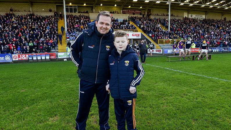 17 February 2019; Wexford manager Davy Fitzgerald with special guest Michael O'Brien from Killarney, Co Kerry, who he met Davy on the late late toy show last Christmas, on the pitch before the Allianz Hurling League Division 1A Round 3 match between Wexford and Tipperary at Innovate Wexford Park in Wexford. Photo by Matt Browne/Sportsfile