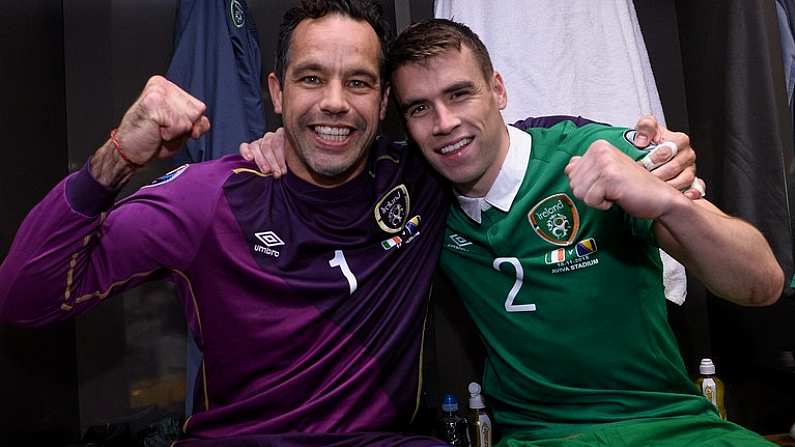 16 November 2015; Republic of Ireland's David Forde, left, and Seamus Coleman celebrate in the dressingroom after the game. UEFA EURO 2016 Championship Qualifier, Play-off, 2nd Leg, Republic of Ireland v Bosnia and Herzegovina. Aviva Stadium, Lansdowne Road, Dublin. Picture credit: David Maher / SPORTSFILE