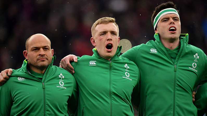 17 March 2018; Ireland players, from left, Rory Best, Dan Leavy and James Ryan stand for the national anthem prior to the NatWest Six Nations Rugby Championship match between England and Ireland at Twickenham Stadium in London, England. Photo by Brendan Moran/Sportsfile