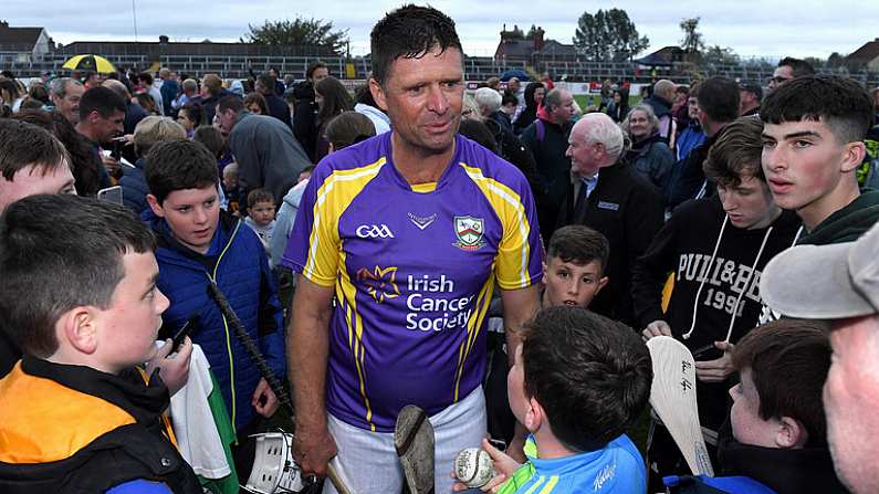 13 August 2019; Former Republic of Ireland international Niall Quinn of team Jim Bolger with supporters after the eighth annual Hurling for Cancer Research, a celebrity hurling match in aid of the Irish Cancer Society in St Conleths Park, Newbridge. The event, organised by legendary racehorse trainer Jim Bolger and National Hunt jockey Davy Russell, has raised 830,000 to date to fund the Irish Cancer Societys innovative cancer research projects. The final score was: Jim Bolgers Best: 15, Davy Russells Stars 15. St Conleths Park, Newbridge, Co Kildare. Photo by Matt Browne/Sportsfile