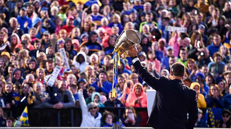 19 August 2019; Tipperary manager Liam Sheedy lifts the Liam MacCarthy cup as he addresses the crowd at the Tipperary All-Ireland hurling champions homecoming event at Semple Stadium in Thurles, Tipperary. Photo by Sam Barnes/Sportsfile