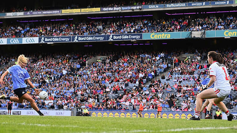 16 September 2018; Carla Rowe of Dublin scores her side's second goal during the TG4 All-Ireland Ladies Football Senior Championship Final match between Cork and Dublin at Croke Park, Dublin. Photo by Brendan Moran/Sportsfile