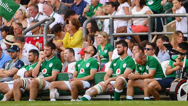 24 August 2019; The Ireland bench from left, Rob kearney, Iain Henderson, Ross Byrne, Jean Kleyn, Rory Best and Conor Murray during the Quilter International match between England and Ireland at Twickenham Stadium in London, England. Photo by Ramsey Cardy/Sportsfile