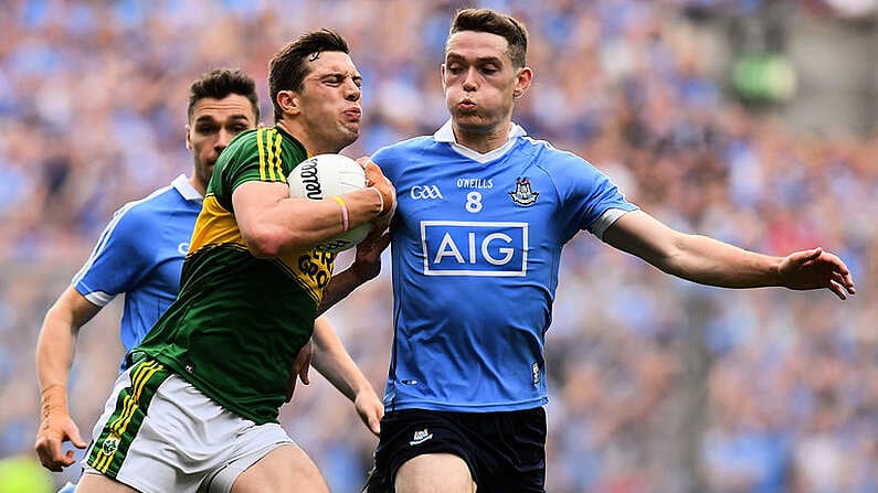 28 August 2016; David Moran of Kerry in action against Brian Fenton of Dublin during the GAA Football All-Ireland Senior Championship Semi-Final game between Dublin and Kerry at Croke Park in Dublin. Photo by Brendan Moran/Sportsfile