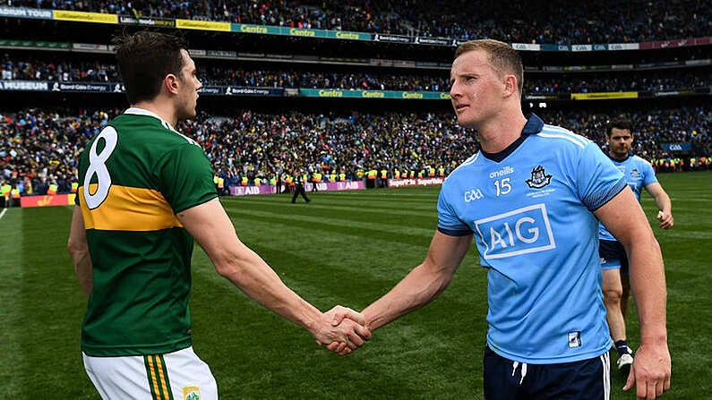 1 September 2019; Ciaran Kilkenny of Dublin shakes hands with David Moran of Kerry during the GAA Football All-Ireland Senior Championship Final match between Dublin and Kerry at Croke Park in Dublin. Photo by Ramsey Cardy/Sportsfile