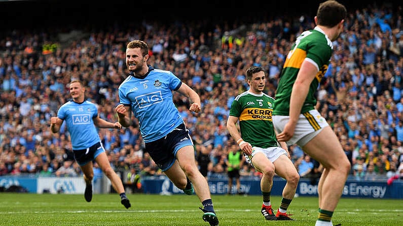 1 September 2019; Jack McCaffrey of Dublin celebrates after scoring his side's first goal during the GAA Football All-Ireland Senior Championship Final match between Dublin and Kerry at Croke Park in Dublin. Photo by Seb Daly/Sportsfile