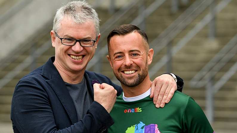 29 June 2019; Barrister, Gaelic football analyst and former Derry player Joe Brolly with GAA intercounty referee David Gough in attendance, at Croke Park, Dublin, before setting off to join the Dublin Pride Parade 2019  Photo by Ray McManus/Sportsfile