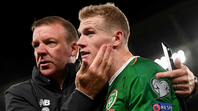 5 September 2019; James McClean of Republic of Ireland and goalkeeping coach Alan Kelly after the UEFA EURO2020 Qualifier Group D match between Republic of Ireland and Switzerland at Aviva Stadium, Dublin. Photo by Stephen McCarthy/Sportsfile