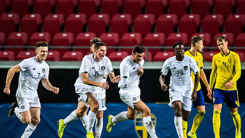 10 September 2019; Troy Parrot of Republic of Ireland, centre, celebrates with team-mates after scoring their side's first goal to equalise during the UEFA European U21 Championship Qualifier Group 1 match between Sweden and Republic of Ireland at Guldfageln Arena in Hansa City, Kalmar, Sweden. Photo by Suvad Mrkonjic/Sportsfile