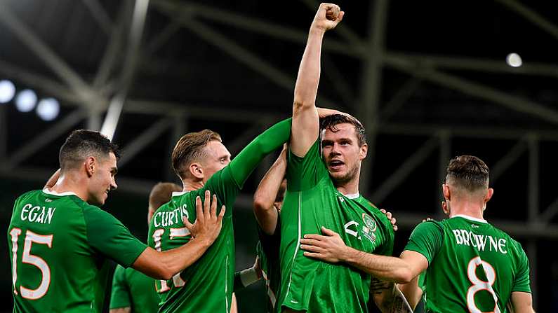 10 September 2019; Kevin Long of Republic of Ireland, second right, celebrates with team-mates after scoring his side's second goal during the 3 International Friendly match between Republic of Ireland and Bulgaria at Aviva Stadium, Dublin. Photo by Seb Daly/Sportsfile