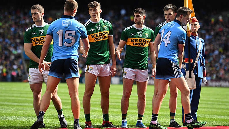 1 September 2019; David Clifford of Kerry and Ciaran Kilkenny of Dublin shake hands prior to the GAA Football All-Ireland Senior Championship Final match between Dublin and Kerry at Croke Park in Dublin. Photo by Brendan Moran/Sportsfile