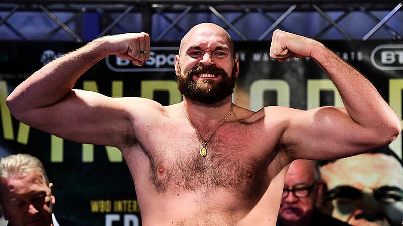 17 August 2018; Tyson Fury weighs in prior to his bout with Francesco Pianeta during the Windsor Park boxing weigh ins at Belfast City Hall in Belfast. Photo by Ramsey Cardy/Sportsfile