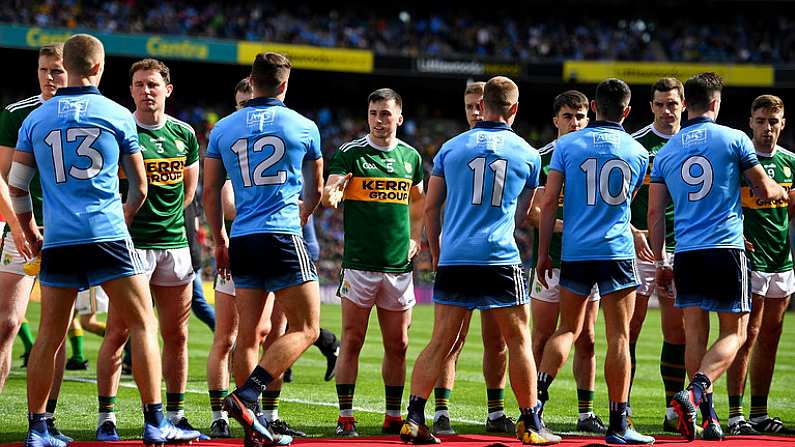 1 September 2019; Kerry and Dublin players shake hands prior to the GAA Football All-Ireland Senior Championship Final match between Dublin and Kerry at Croke Park in Dublin. Photo by Brendan Moran/Sportsfile