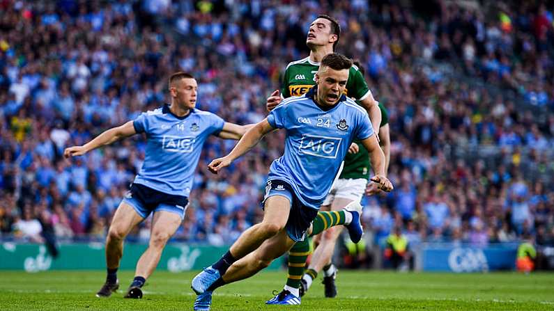 14 September 2019; Eoin Murchan of Dublin celebrates after scoring his side's first goal during the GAA Football All-Ireland Senior Championship Final Replay match between Dublin and Kerry at Croke Park in Dublin. Photo by Sam Barnes/Sportsfile