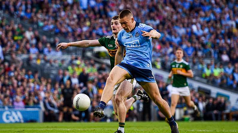 14 September 2019; Con O'Callaghan of Dublin takes a shot on goal despite the attention of Tom O'Sullivan of Kerry during the GAA Football All-Ireland Senior Championship Final Replay match between Dublin and Kerry at Croke Park in Dublin. Photo by Sam Barnes/Sportsfile