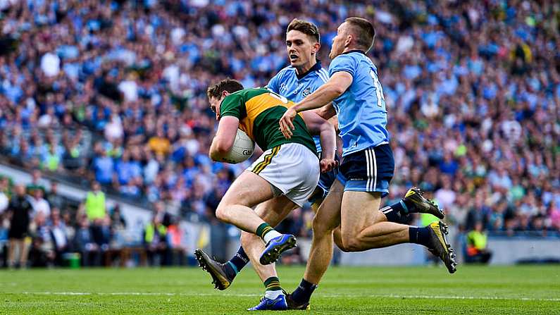 14 September 2019; Tadhg Morley of Kerry is fouled by Con O'Callaghan, right, and Michael Fitzsimons of Dublin during the GAA Football All-Ireland Senior Championship Final Replay match between Dublin and Kerry at Croke Park in Dublin. Photo by Sam Barnes/Sportsfile