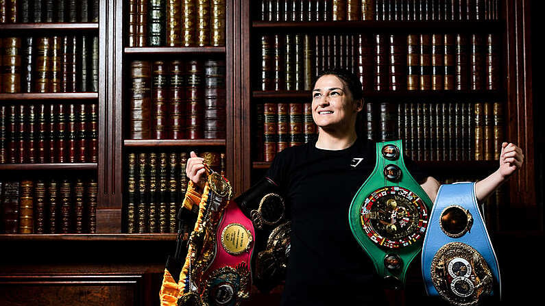 6 June 2019; Undisputed World Lightweight Champion Katie Taylor poses for a portrait after addressing the media at the County Club in Dunshaughlin, Co Meath.  Photo by David Fitzgerald/Sportsfile