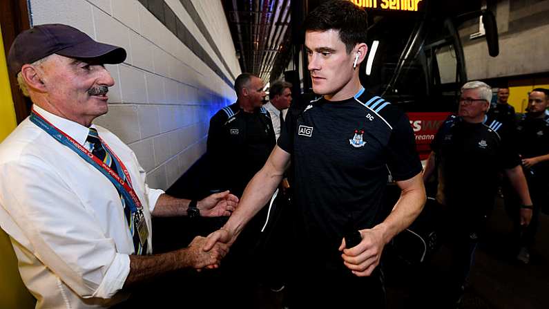 14 September 2019; Diarmuid Connolly of Dublin is greeted by Martin McKenna, who is on duty on the Dublin dressing room, on arrival prior to the GAA Football All-Ireland Senior Championship Final Replay between Dublin and Kerry at Croke Park in Dublin. Photo by Stephen McCarthy/Sportsfile