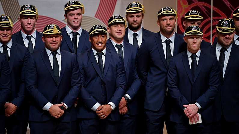 13 September 2019; Ireland players, including Josh van der Flier, Chris Farrell, captain Rory Best, James Ryan, Bundee Aki, CJ Stander, Iain Henderson, Tadhg Beirne Keith Earls and Cian Healy after receiving their World Cup caps during their World Cup 2019 Welcome Ceremony at Mihama Bunka Hall Hall in Chiba Prefecture, Japan. Photo by Brendan Moran/Sportsfile