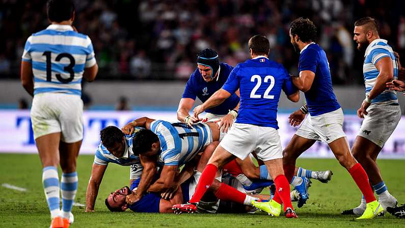 21 September 2019; Louis Picamoles of France and Matias Moroni of Argentina get involved after the the 2019 Rugby World Cup Pool C match between France and Argentina at the Tokyo Stadium in Chofu, Japan. Photo by Brendan Moran/Sportsfile