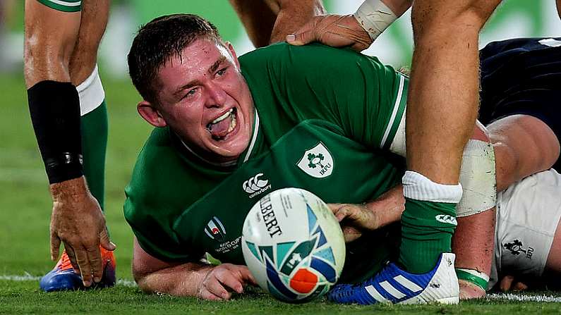 22 September 2019; Tadhg Furlong of Ireland celebrates after scoring his side's third try during the 2019 Rugby World Cup Pool A match between Ireland and Scotland at the International Stadium in Yokohama, Japan. Photo by Brendan Moran/Sportsfile