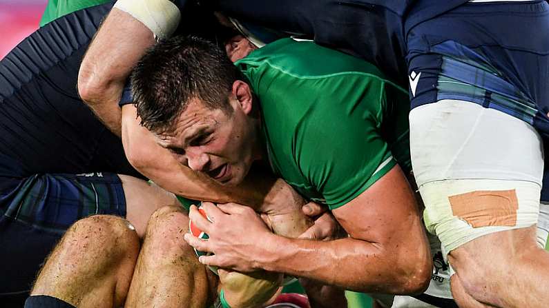 22 September 2019; CJ Stander of Ireland is tackled by John Barclay of Scotland during the 2019 Rugby World Cup Pool A match between Ireland and Scotland at the International Stadium in Yokohama, Japan. Photo by Ramsey Cardy/Sportsfile