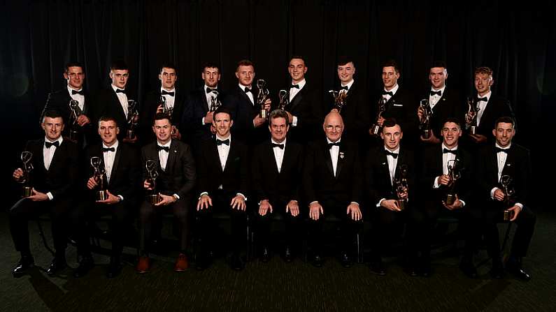 2 November 2018; GPA Secretary Seamus Hickey, Managing Director of PwC Ireland Feargal O'Rourke, Uachtaran Chumann Luthchleas Gael John Horan, with the Hurling All-Star team, back row, left to right, John Conlon, Darragh Fitzgibbon, Daithi Burke, Padraic Mannion, Joe Canning, Peter Duggan, Kyle Hayes, Dan Morrissey, Declan Hannon, Cian Lynch, front row, left to right, Pat Horgan, Eoin Murphy, Seamus Harnedy, Richie English, Sean Finn, and Graeme Mulcahy, at the PwC All Stars 2018 at the Convention Centre in Dublin. Photo by Sam Barnes/Sportsfile