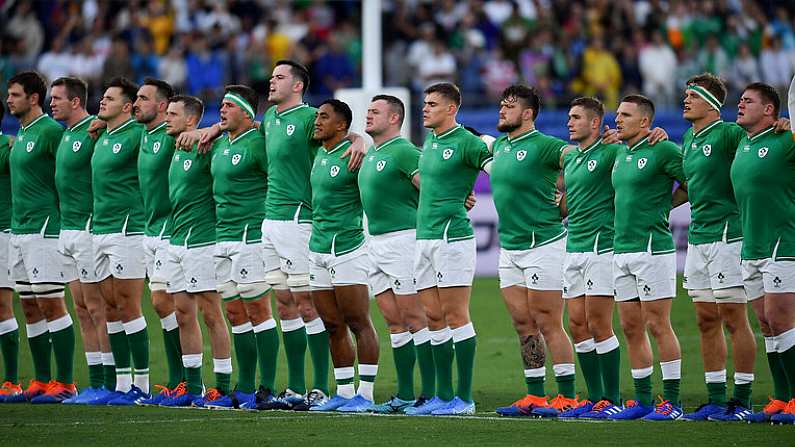 22 September 2019; The Ireland team stand for the national anthem prior to the 2019 Rugby World Cup Pool A match between Ireland and Scotland at the International Stadium in Yokohama, Japan. Photo by Brendan Moran/Sportsfile