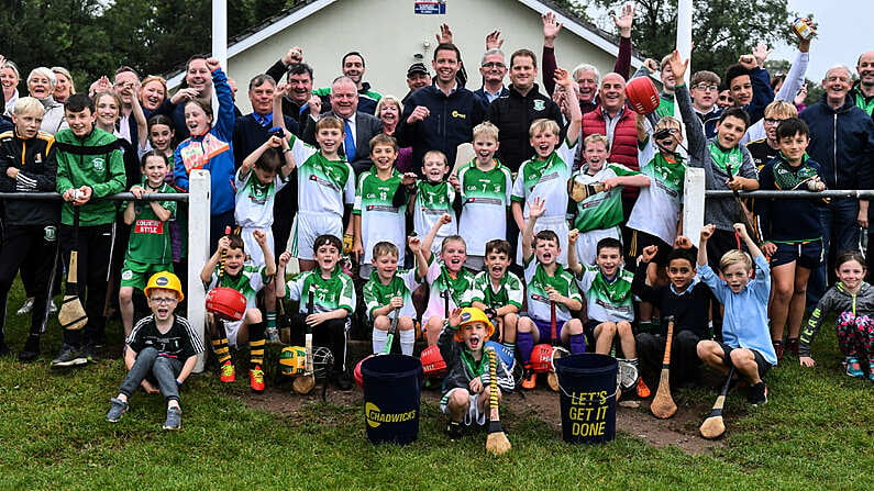 23 September 2019; Attendees, from left, John Stedmond, Chadwick's Kilkenny, Jim Bolger, Chairperson Leinster GAA, Brian Conneely, Chadwick's Group Finance Director, Shane Gaule, Chairperson Kilmacow GAA, PJ Kelly Chairperson of the Leinster GAA Infrastructure Committee, with club members Chadwicks Kit Out Competition at Kilmacow GAA in Kilkenny. Photo by Piaras O Midheach/Sportsfile *** NO REPRODUCTION FEE ***