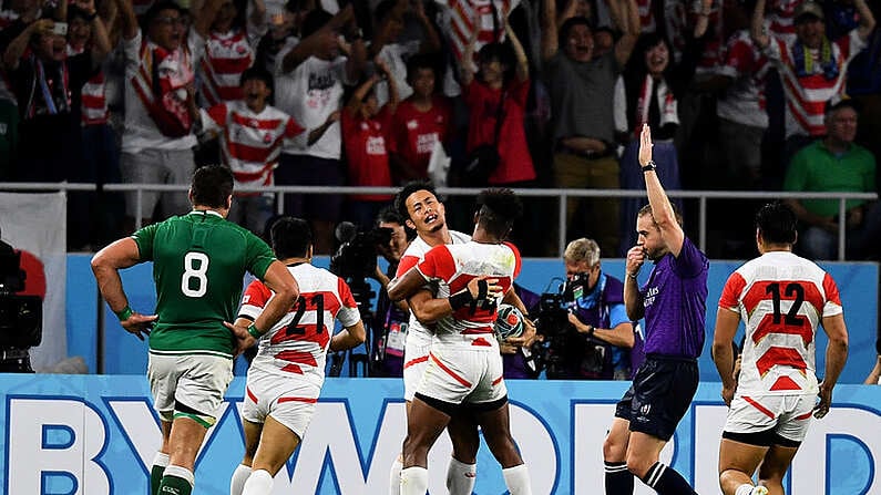 28 September 2019; Kenki Fukuoka is congratulated by his Japan team-mate Kotaro Matsushima, 14, after scoring their first try during the 2019 Rugby World Cup Pool A match between Japan and Ireland at the Shizuoka Stadium Ecopa in Fukuroi, Shizuoka Prefecture, Japan. Photo by Brendan Moran/Sportsfile