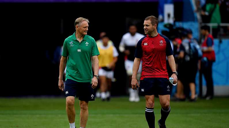 28 September 2019; Ireland head coach Joe Schmidt and referee Angus Gardner prior to the 2019 Rugby World Cup Pool A match between Japan and Ireland at the Shizuoka Stadium Ecopa in Fukuroi, Shizuoka Prefecture, Japan. Photo by Brendan Moran/Sportsfile