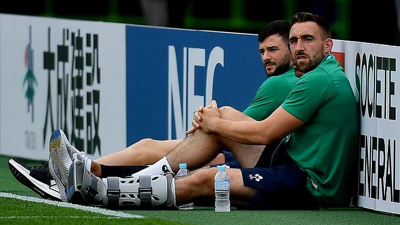 28 September 2019; Jack Conan, right, and Robbie Henshaw of Ireland watch on prior to the 2019 Rugby World Cup Pool A match between Japan and Ireland at the Shizuoka Stadium Ecopa in Fukuroi, Shizuoka Prefecture, Japan. Photo by Brendan Moran/Sportsfile