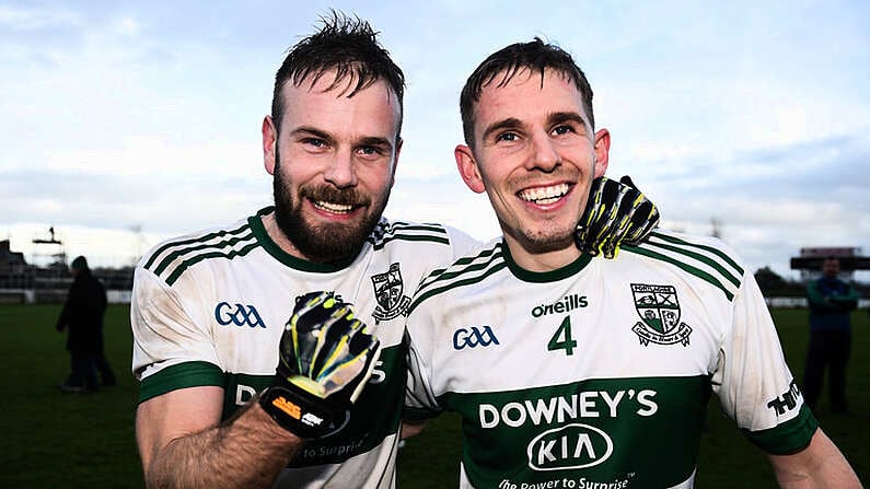 11 November 2018; Colin Finn, left, and Chris Finn celebrate following their side's victory in the AIB Leinster GAA Football Senior Club Championship quarter-final match between Moorefield and Portlaoise at St Conleth's Park in Newbridge, Co. Kildare. Photo by David Fitzgerald/Sportsfile