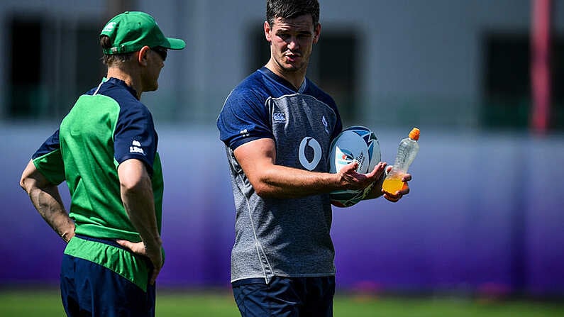 1 October 2019; Head coach Joe Schmidt, left, and Jonathan Sexton in conversation during Ireland Rugby squad training at the Kobelco Steelers in Kobe, Japan. Photo by Brendan Moran/Sportsfile