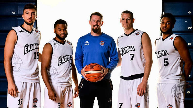 18 September 2019; DBS Eanna coach Darren McGovern, centre, with players, from left, Marko Tomic, Paris Balliger, Stefan Zecevic and Josh Wilson, pictured at the 2019/2020 Basketball Ireland Season Launch and Hula Hoops National Cup draw at the National Basketball Arena in Tallaght, Dublin. Photo by Sam Barnes/Sportsfile *** NO REPRODUCTION FEE ***