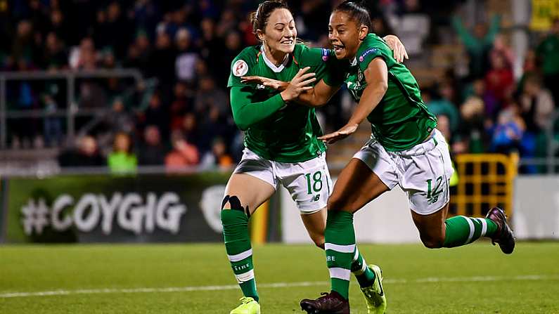 8 October 2019; Rianna Jarrett of Republic of Ireland celebrates after scoring her side's second goal with team-mate Megan Campbell, left, during the UEFA Women's 2021 European Championships qualifier match between Republic of Ireland and Ukraine at Tallaght Stadium in Dublin. Photo by Stephen McCarthy/Sportsfile